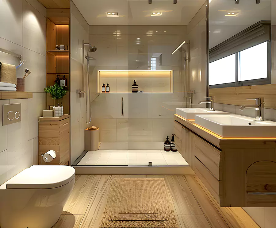 Floating vanity with warm lighting